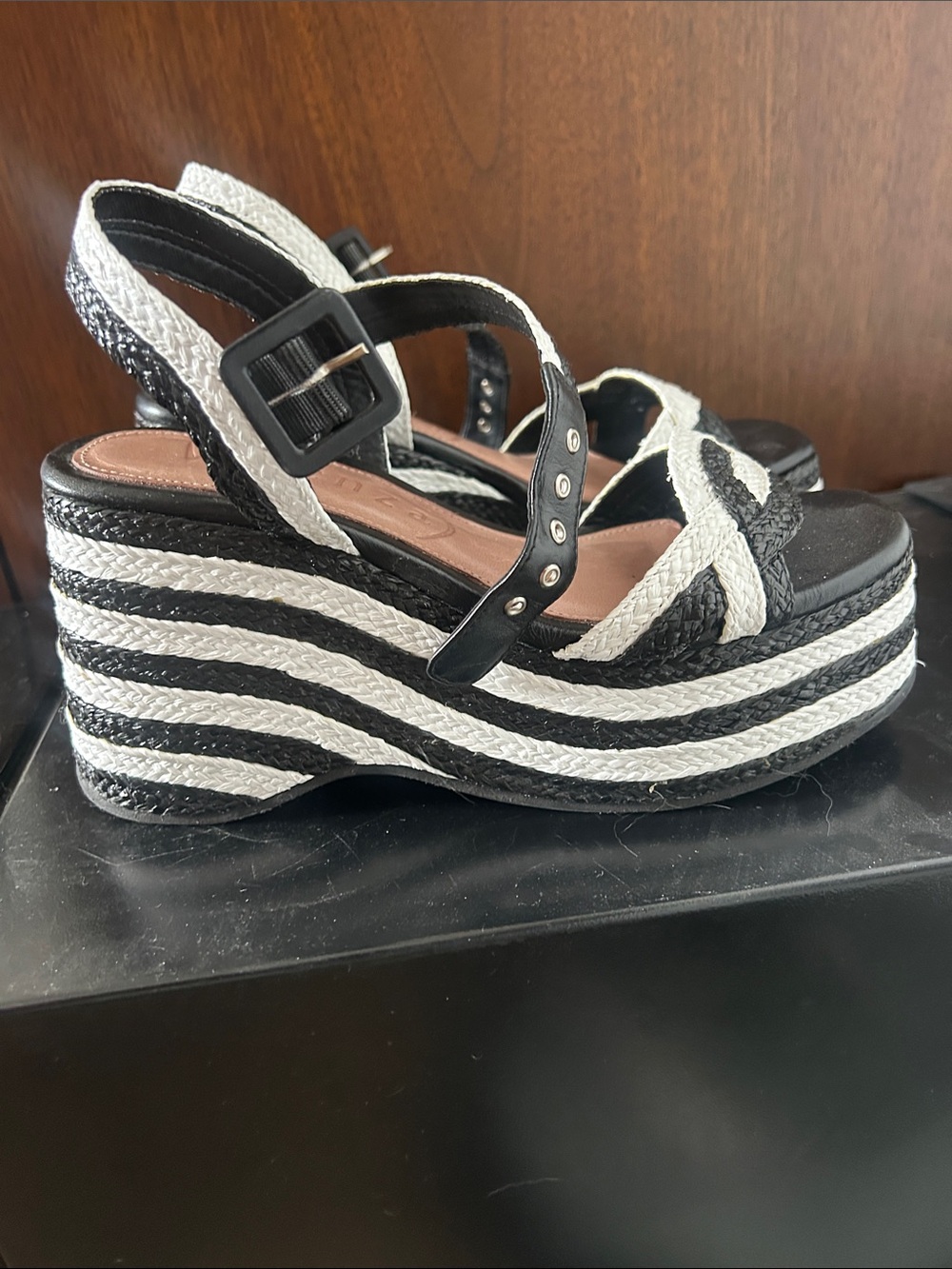 Anthropologie Black and White Striped Wedge Sandals